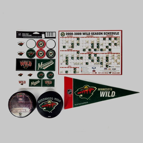 Minnesota Wild NHL Sports Memorabilia Lot: Pennant, Pucks, Stickers, Magnet Cover