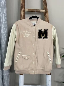 ZARA Girls Varsity Baseball Jacket Bomber Cream Blush SZ 10years Leather Sleeve - Picture 1 of 22