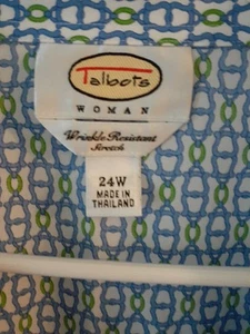 Talbots Wrinkle Resistant Button Up 3/4 Sleeve Shirt Blue Green Geometric Sz 24W - Picture 1 of 9