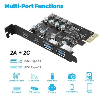 PCIE x1 Card Adapter gen1 with 2 USB 3.0 Type-A and 2 USB 3.0 Type-C Ports - Image 1 of 4