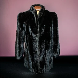 VINTAGE 80s Black Faux Fur Coat Size 6 Grandella Glam Goth Retro Satin Lined - Picture 1 of 7