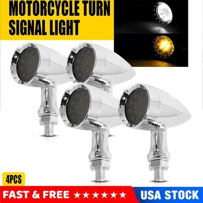 4x Chrome Bullet Motorcycle LED Front Amber Blinker Turn Signal Light For Harley - Image 1 of 4