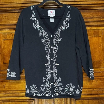 Quacker Factory Cardigan Sweater Womens L Embroidered Beaded Embellished Shells - Image 1 of 4