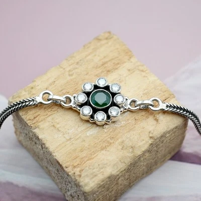 Pulsera de plata de ley 925 con piedras preciosas de esmeralda natural hecha a mano joyería boho Foto 1 de 4