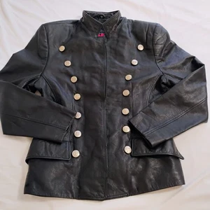 Vintage 1990s Virginia Slims Black Leather Military Motorcycle Jacket Women's L - Picture 1 of 15