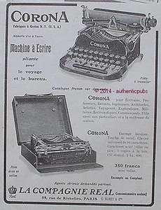 PUBLICITE MACHINE A ECRIRE CORONA TYPEWRITER COMPAGNIE REAL DE 1914 FRENCH AD - Picture 1 of 1