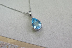 Solid 925 Sterling Silver Genuine Topaz Teardrop Pendant Necklace Mothers Day - Picture 1 of 4