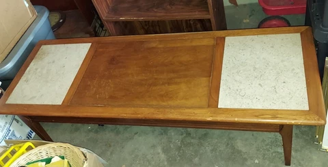 MID-CENTURY MODERN COFFEE TABLE W/ 2 MARBLE INSERTS, DANISH LEGS, 1960's ERA Cover