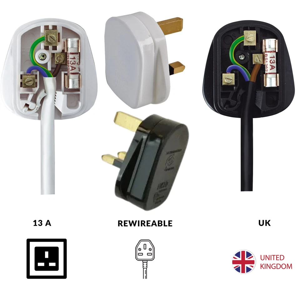 Rewireable Quick Fit 3 Pin UK Mains Plug Fitted with 13A Amp Fuse Black/White - Image 1 of 1