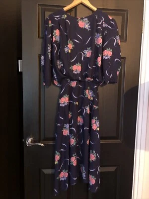 Genuine Vintage 1980s Dorothy Perkins navy blue/floral blouson dress UK12. - Image 1 of 4