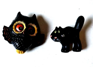 Vintage 1987 Halloween Black Cat Pin And Owl Pin - Picture 1 of 7
