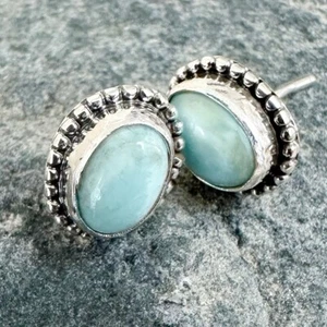 Larimar Earrings Sterling Silver Studs 925 Gemstone Southwestern Women - Picture 1 of 6