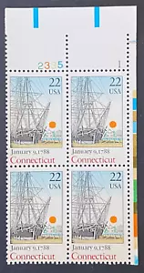 US Stamps, Scott #2340 Ratification: Connecticut 22c plate block 1988 VF M/NH - Picture 1 of 3