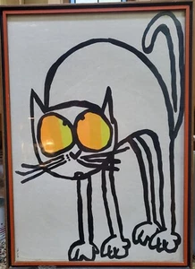 RARE Original 1960s BIG Eyed Cat Print Funky Framed Mid Century Art Bright 28x20 - Picture 1 of 11