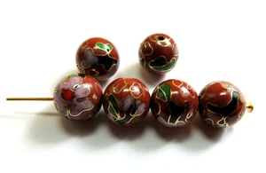 6 Stück ~ Vintage Cloisonne Perlen ~ braun & gold ~ 10 mm rund ~ EMAILLE - Bild 1 von 1