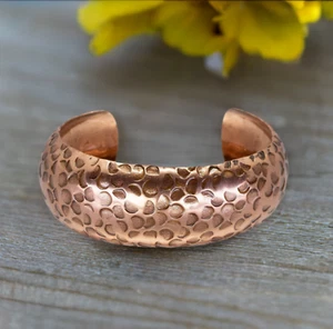 Solid Copper Adjustable Domed Cuff Bracelet with Hammered Circles Antique Finish - Picture 1 of 6