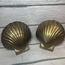 Vintage Mid Century Modern Heavy Solid Brass Sea Shell Clam Bookends 4" Nautical