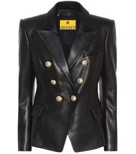 Leather Blazer Jacket Coat Women's Button Women Lambskin Long Real Soft Black 14 - Picture 1 of 4