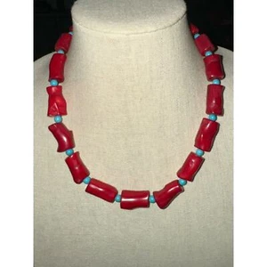Vintage Large Chunky Red Coral & Turquoise Sterling Necklace Sterling Silver 925 - Picture 1 of 6