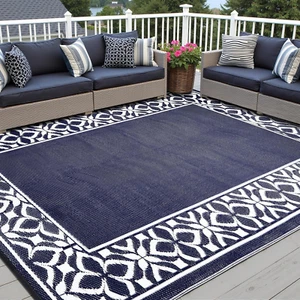 Outdoor Plastic Straw Rug Navy Blue Large outside Waterproof Outdoor Patio 9X12 - Picture 1 of 9