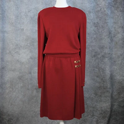 ST JOHN на Мари серый шикарный красный трикотаж платье золотой застежки акценты размер 12 - Изображение 1 из 4