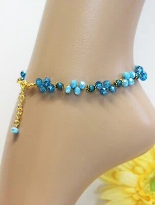 Glass Jewels Gold Anklet Blue Turquoise Boho Hippie Variable #K021 - Image 1 of 2