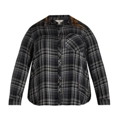 2X X Xadrez Feminino Terra & Sky Plus Botão-Frente Manga Longa Viscose Macia 20W-22W - Imagem 1 de 4