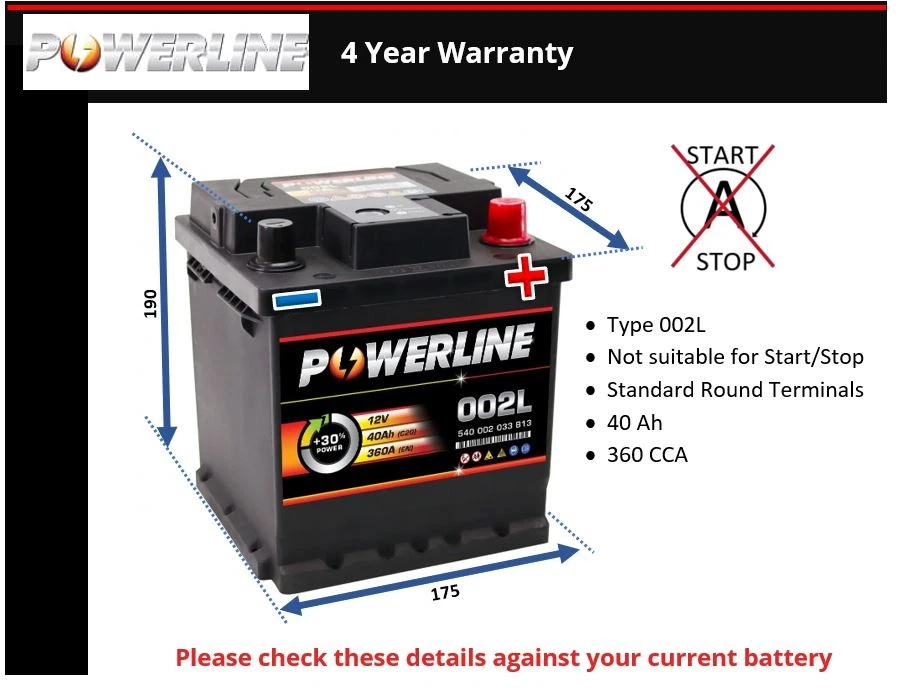 Battery fits PEUGEOT 206 2D 1.1 1.4 1.6 1998 on 002L 330A 40Ah 4Yr Warranty New - Image 1 of 4