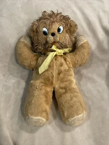 Rare Vintage Teddy Bear Lion Plush 60s VTG Stuffed Animal Yellow Bow Blue Eyes - Picture 1 of 6