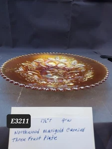 NORTHWOOD GLASS CARNIVAL Marigold THREE FRUITS PLATE 9" Nice Color - Picture 1 of 5