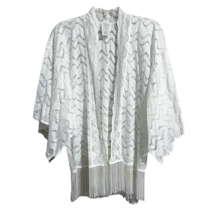 Anna Sui Boho Festival Lace Fringe Kimono White OS Sheer Leaf Zig Zag Bridal - Picture 1 of 8