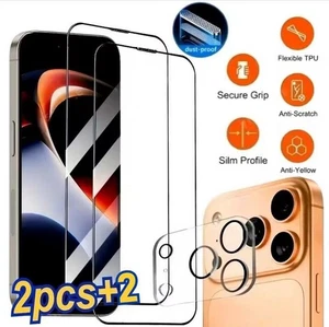 2xPanzerfolie Echtglas für iPhone 17 16 15 14 13 Pro Max + 2xKamera Schutz Glas - Bild 1 von 14