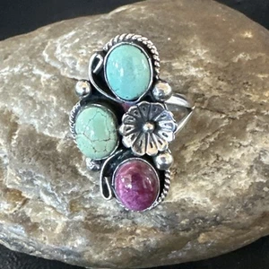 Multicolor Ring Türkis stachelig Navajo Sterlingsilber Cluster Größe 8 19180 - Bild 1 von 13