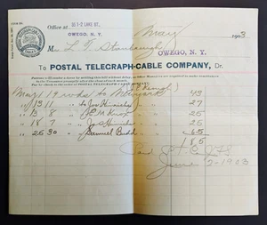1903 Postal Telegraph Cable Company Billhead Invoice Owego, New York - Picture 1 of 1