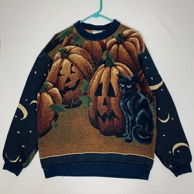 Sugar Street Weavers Kürbisse Katzen Halloween Pullover Einheitsgröße Made in USA - Bild 1 von 4