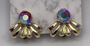 Vintage S&G 5th Ave Gold Tone AB Rhinestone Sparkling Costume Clip On Earrings - Picture 1 of 10