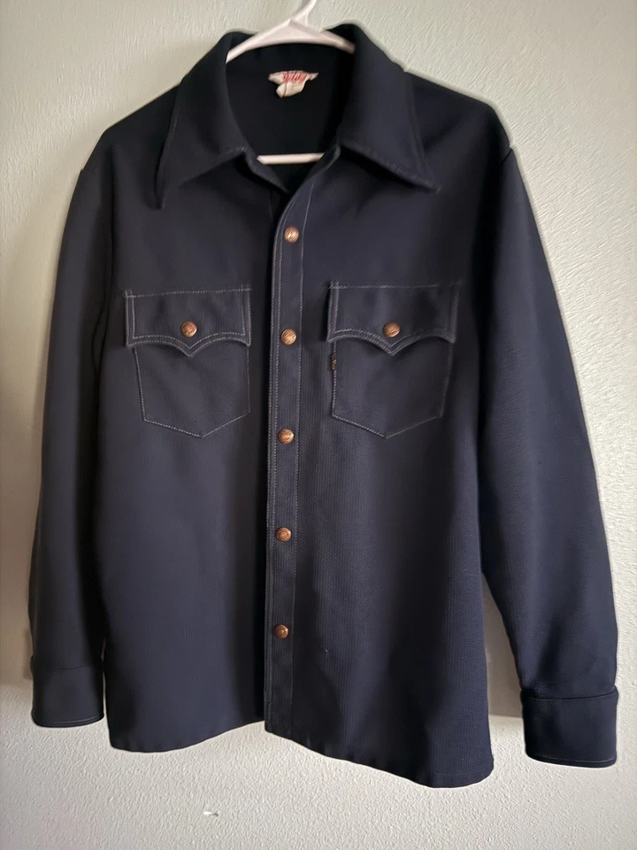 Rare Vtg Levi's Navy Western Shirt Polyester Large Black Tab Snap 60’s sta-prest - Image 1 of 4