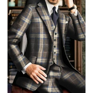 Men Suits Check Wool Blend Regular Fit Formal Notch Lapel Tuxedos Prom Jacket - Picture 1 of 38