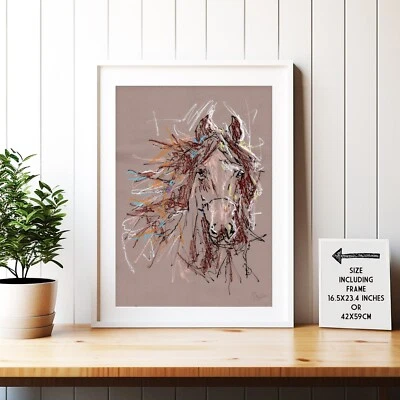 Original Hand-Drawn FRAMED Oil Pastel on recycled card Horses equine horse race - Image 1 of 4