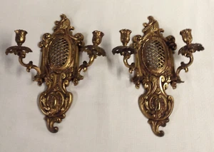 Paar Wandleuchter verziert Gold Bronze 14" x 10" Doppelkerze Hollywood Regency - Bild 1 von 5