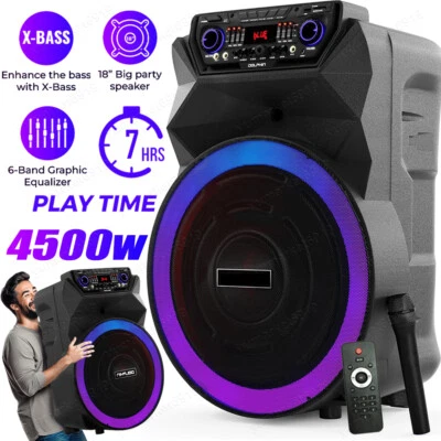 18" Portable 4500Watt Party Speaker Rechargeable Deep Bass Wireless Mic Remote - Image 1 of 4