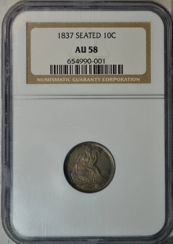 1837 Seated dime, No Stars, NGC AU58..........Type Coin Company Cover