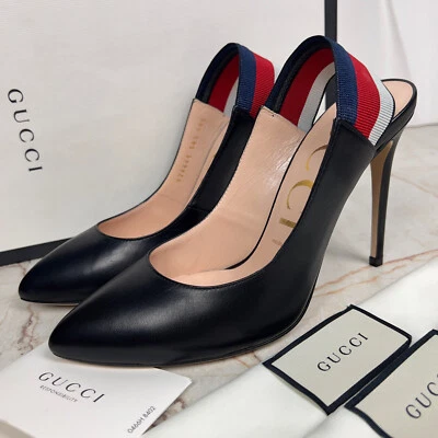 Zapatos de tacón alto Gucci Sylvie Malaga a rayas de cuero negro 8,5 EE. UU. o 38,5 UE Foto 1 de 4