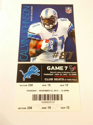 2012 Detroit Lions Calvin Johnson Houston Texans NFL Football Club Ticket Stub Cover