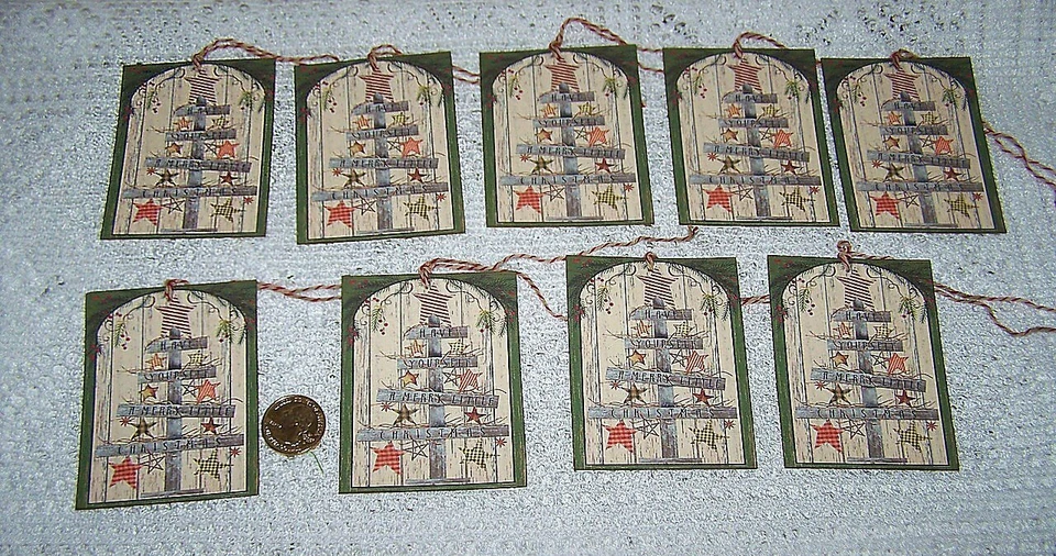 9~Christmas~Primitive~Folk Art~Wooden Christmas Trees~Hang~Tags~Ornaments - Image 1 of 1