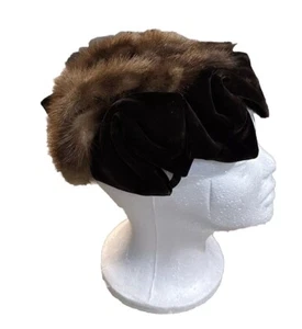 Brown Mink Vintage Fur Hat with Black Velvet Glamorous 50s Luxury Old Money - Picture 1 of 7