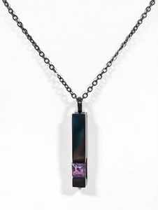 Black Metallic Purple Square CZ Birthstone Bar Pendant Necklace 21 inch - Picture 1 of 12