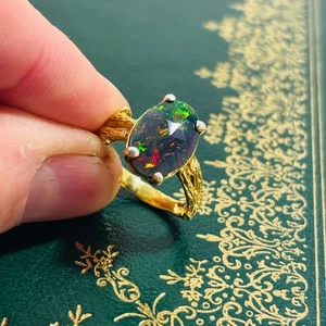 Black Ethiopian Opal Twig ring Size O in 925 silver 24k Vermeil gold plated - Picture 1 of 8