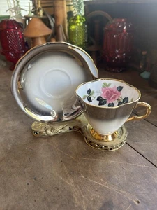 WINDSOR BONE CHINA TEETASSE UNTERTASSE & GOLD METALLSTÄNDER STARK VERGOLDET  - Bild 1 von 21