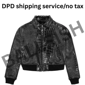 Avirex schwarze USA Cropped Icon amerikanische Damen Bomber Krokoprägung Lederjacke - Bild 1 von 3